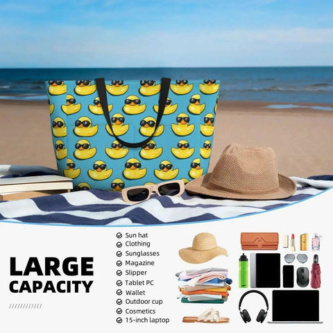 Large Beach Tote Bag For Women Sandproof And Water Resistant With Zipper Sunglasses Print on beach with items displayed nearby