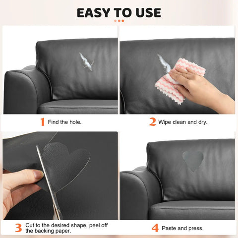 Heavy Duty Leather Repair Patch Kit Gecyfit 10 By 160 Cm Black Adhesive Upholstery Tape for Motorcycle Seats Cars Couches Sofas Furniture Vinyl Pleather Repair DIY Friendly, installation steps on a leather sofa.