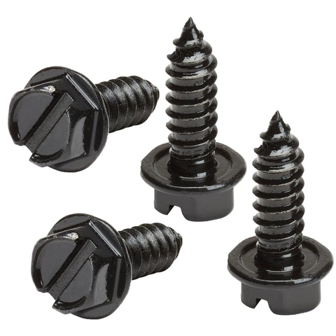 Rustproof License Plate Screws For US Domestic Rides Stainless Steel Bolts Black Slotted 4 Pack shown on a white background.