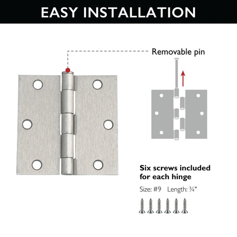Design House interior door hinge, 3.5x3.5 in, satin nickel, steel, 3-pack with screws, left or right handed