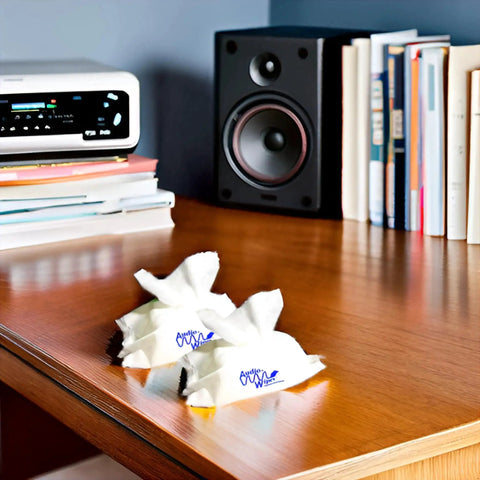 Hearing Aids Cleaning Towelettes Pouch Two Pack Alcohol Free Safe For Rubber on a wooden desk with books and a speaker in the background.