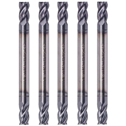 Solid Carbide Square End Mills Set Pro Grade Double End 4 Flute AlTiN Coated 35 Degree Helix One Eighth Inch Cutting Diameter One Eighth Inch Shank Diameter One Eighth Inch Length Of Cut One Half Inch Overall Length Five Pack By BestParts