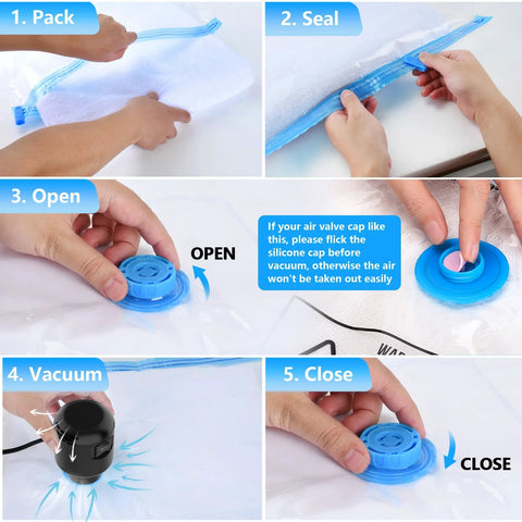 Electric vacuum pump for storage bags, black, 55W 5000PA; blue zipper bag shown in 5-step instructions.