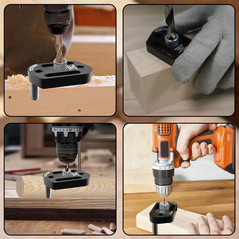 Self Centering Woodworking Drill Guide For Precise Mortise Positioning Handheld Drill Locator with 8 Hole Sizes in use