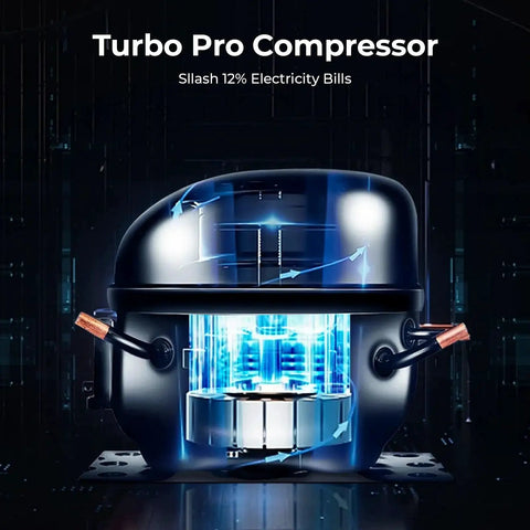 Turbo Pro Compressor with blue internal components and black casing, designed to slash electricity bills by 12%.