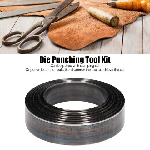Pro Grade Leather Cutting Dies Set With Round Hole Punch Tools Alloy Steel Templates For DIY Leather Craft Hollow Punch Die Sizes 65 To 100mm Durable Cutter Kit With Storage Case For Bags Belts Wallets Jewelry shown next to scissors and leather