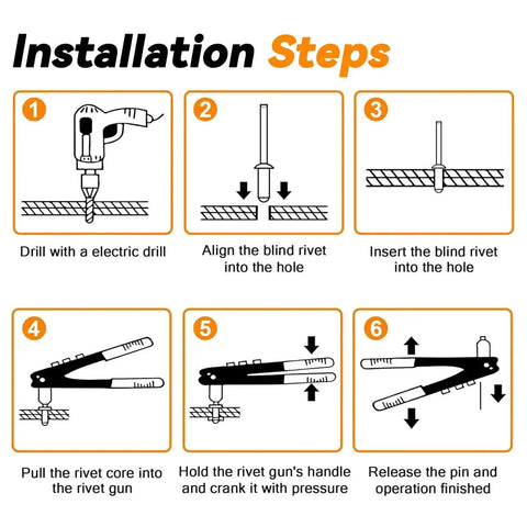 Installation steps for using Go-To 900 Pcs Black Pop Rivets Assortment Kit With Washers For Metal And Automotive Projects.