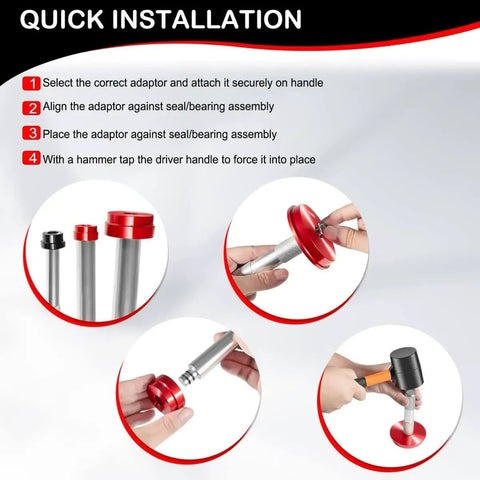 Instructions for using the 43 Piece Bearing Press And Seal Driver Set With 39 Adapters And 4 Handles Pro Grade Heavy Duty Seal Installer Kit For Bearing Installation In Brake Disc Hubs Wide Application For Standard Races And Seals Black Case Included