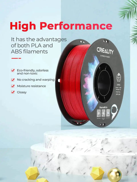 Red 3D printer filament spool, labeled Creality, on a marble platform, showcasing high performance, odorless and moisture-resistant features.