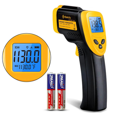 Instant Read Infrared Thermometer Laser Temp Gun For Meat BBQ Kitchen And Fridge With Adjustable Emissivity 58F To 1130F Range showing LCD display.