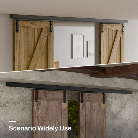 Ceiling Mount Box Rail Barn Door Hardware Kit For Double Doors installed, heavy duty sliding aluminum alloy track, 12 ft rail