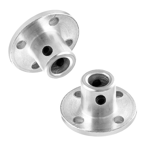 Two silver aluminum rigid flange couplings with 6mm bore, four-hole flange and set screws