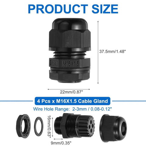 4 Pack M16 Cable Gland Waterproof Nylon Joint For 2 To 3mm Cables, black, with size details and wire hole range shown in diagram.