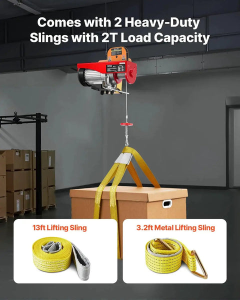 Electric Hoist 880 Lb Capacity With 14 Ft 110V Wired Remote And 20 To 40 Ft Lift lifting a box using heavy-duty slings