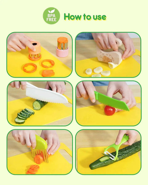 Kids Kitchen Knife Set 11 Pcs Montessori Tools For Toddlers 3 Plus Real Cooking Playset Kid Friendly With Plastic And Wooden Knives in use.