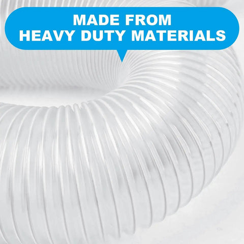 Heavy Duty 4 Inch PVC Dust Collection Hose, 50 Feet Long, showing flexible clear material and durable ribbing, close-up view.
