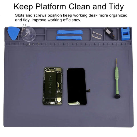 ESD Safe Anti Static Soldering Mat with compartments, disassembled phone, tools, gray silicone, heat resistant 932F, 15.9x12 in
