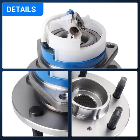 Close-up of Front & Rear FWD Wheel Bearing and Hub Assembly 513121/512003 details, fits 1997-2011 Buick, Cadillac, Pontiac, Oldsmobile.