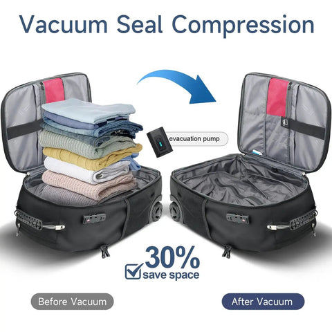Before and after vacuum compression of Three In One Travel Vacuum Backpack With Wheels For Women And Men 50L Rolling Vacpack.