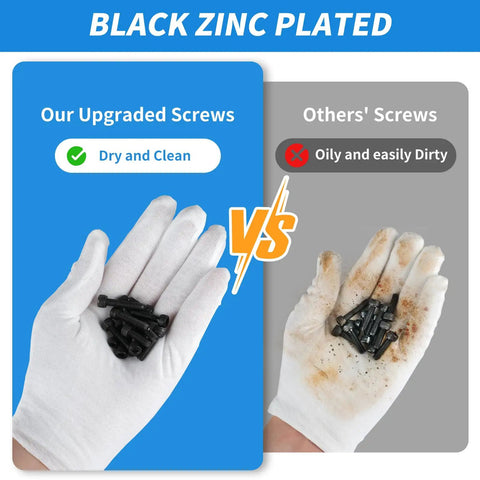 Comparison of black zinc plated screws in clean and dirty conditions showing superior quality of Metric Screw Set 1760Pcs M2 M3 M4 M5 Hex Socket Head Cap Bolts Nuts Grade 12.9 Alloy Steel Black Zinc Plated Anti Rust Kit With 4 Hex Wrenches Great For DIY Projects And Repair Jobs.