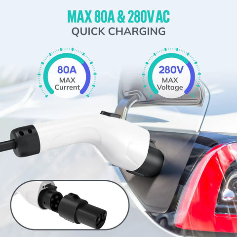 Close-up of J1772 To Tesla Charger Adapter For Model 3 Y X S Cybertruck, 80 Amp 250V, attached to a Tesla charging port.