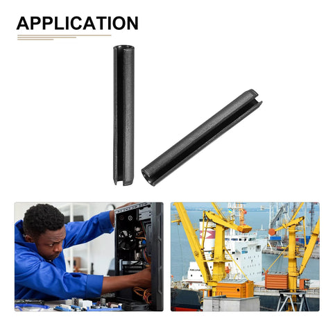 Slotted Spring Pins 6mm By 40mm Black Pack Of 30 For Home Tools And Machinery Fastening 65Mn Heavy Duty Roll Dowel Pins shown with applications