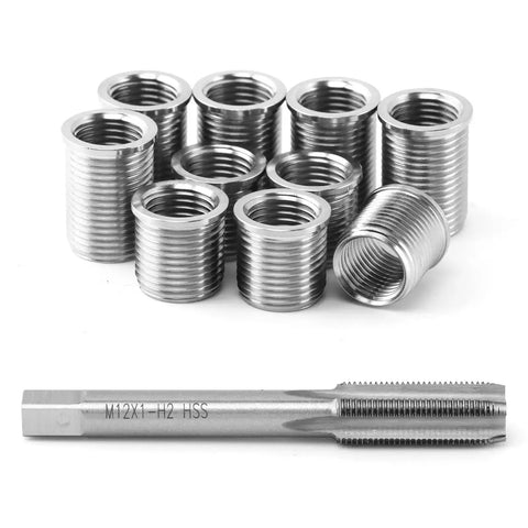 Spark Plug Thread Repair Kit Stainless Steel Rethread Set for M10x1.0 and M12x1.0 Threads Includes 10 Inserts and 1 Tap Automotive Engine Cylinder Head Repair Tool for Cars and DIY Projects