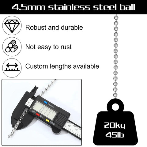 4.5mm stainless steel ball bead chain with caliper, showing strength, durability, and rust resistance for custom lengths.