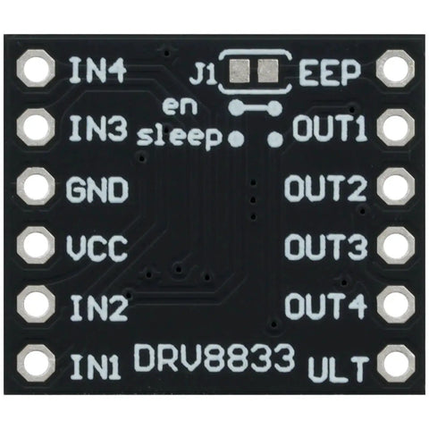 Dual H Bridge Motor Driver Module DRV8833 with pin labels for DC and stepper motors, compact 18.5x16mm board, close-up view.