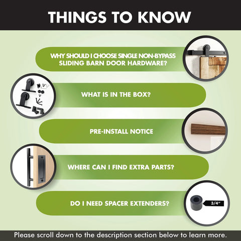 Illustration of questions about Black Rustic Non Bypass Sliding Barn Door Hardware Kit For One Door Six Foot Flat Track T Style Rollers.