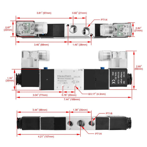 Diagram of Industrial Grade 5 Way 3 Position Internally Piloted Pneumatic Solenoid Valve 4V230-08C with dimensions and port size details.