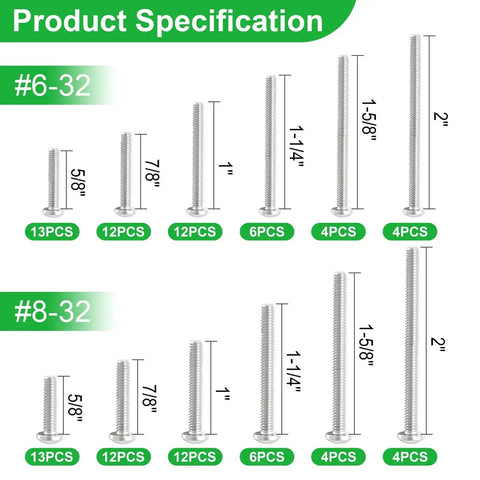 102 Piece Stainless Steel Screw Kit For Electrical Mounting DIY Friendly 6-32 And 8-32 Phillips Pan Head Screws five eighths to two inches size chart