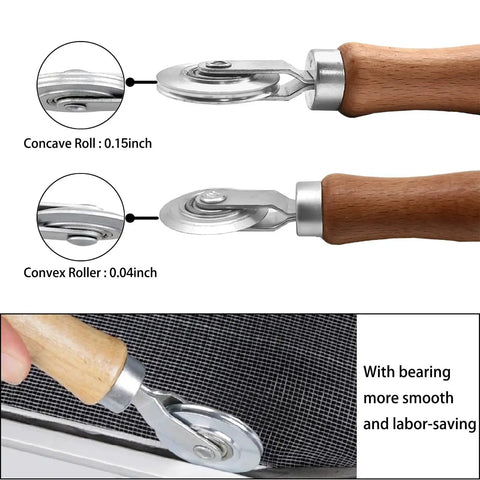3 Piece Window Screen Tool Set With Wooden Handle Spline Roller and Nylon Bearing Wheels, close-up of concave and convex rollers
