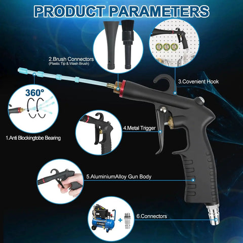 Tornado Car Cleaning Gun with aluminum alloy bearing nozzle, two attachments, and detail brush for dry detailing, shown with various features.