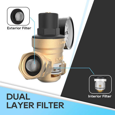 RVGUARD RV water pressure regulator with gauge, brass body, dual-layer exterior and interior filters