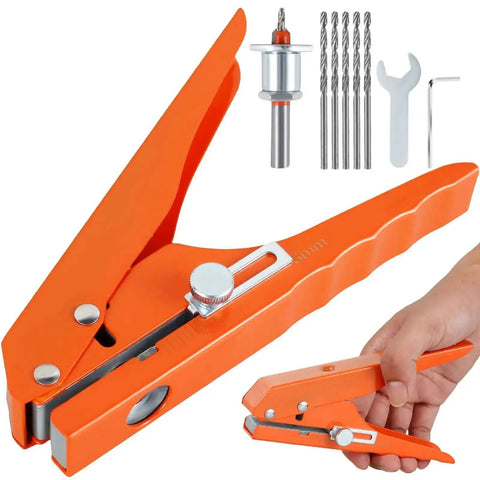 Beefy Five Sixteenth Inch Heavy Duty Single Hole Puncher with limiter, handheld, for cards, photos, and crafts, shown with accessories