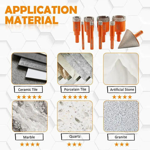 Dry Diamond Drill Bit Set For Granite Marble Tile Ceramic Porcelain And Masonry displayed with compatible materials
