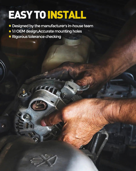 Hands installing Replacement Alternator For 2005 2006 Hyundai Sonata Tiburon And Kia 2.7L 12V 120Amp Clockwise Rotation