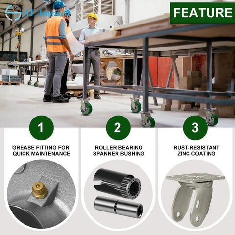 Heavy Duty 5 Inch By 2 Inch Caster Wheels Set Of 4 With Polyurethane On Aluminum Wheels Swivel Casters With Top Lock Brakes For Easy Locking And Maneuverability 4400 Lbs Load Capacity When Used As A Set Green shown on workshop equipment