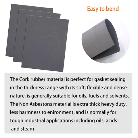 DVBB cork-rubber gasket material sheets, dark gray, 15 x 11.8 in, non-asbestos, flexible, 3-pack
