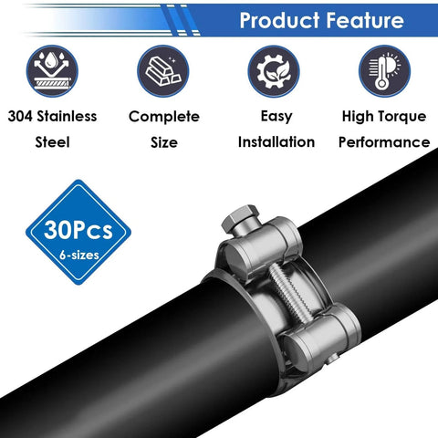 304 Stainless Steel T Bolt Hose Clamps Set 28 Piece Assortment Kit 17 To 35mm attached to a pipe, showing high torque and easy installation.