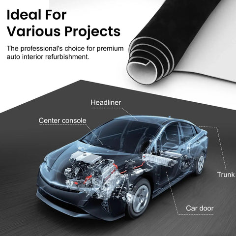 Black Suede Headliner Fabric With Foam Backing 122x60 For Car Truck SUV RV displayed with car interior diagram.