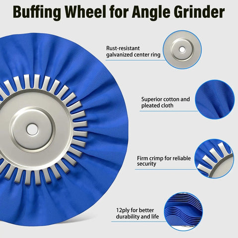 Pro Grade 8 Inch Buffing Wheel Polishing Kit For Four Point Five Inch Angle Grinder with features highlighted, including rust-resistant center ring and 12-ply cloth.