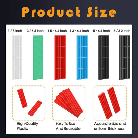 300 Piece Plastic Flat Shims for Leveling Tiles and Cabinets in 6 Colors Green Black White Grey Blue Red 3/64 5/64 1/8 5/32 13/64 15/64 Inch Range for Quick, Precise Adjustments size comparison with color-coded shims.