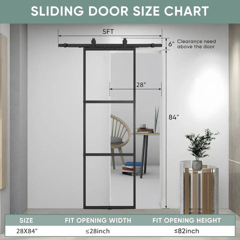 Clear Tempered Glass Barn Door 28 Inch By 84 Inch With Carbon Steel Frame Pre Drilled For Easy Assembly Including 5 Foot Hardware Kit And Soft Close System For Smooth Sliding And Modern Interior Spaces shown in installed position.