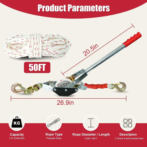 One and a Half Ton Rope Puller With 50 Ft 0.6 In Rope Two Hook Come Along Winch, steel body, red handles, and hooks