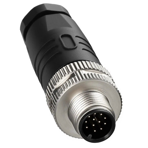 Close-up of the 12 Pin M12 A Code Aviation Connector Male, 12mm circular plug with metal threading, used for automation sensors, IP67 rated.