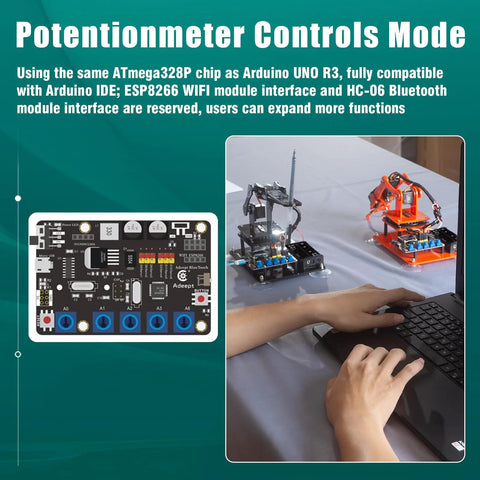Adeept 5DOF robotic arm kit: control board with OLED display and two assembled arms on a desk (black and orange)