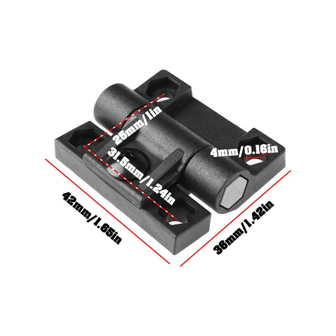 Four Pack 36x42mm Black Plastic Adjustable Torque Hinges For Wardrobe Cabinets Doors And Wooden Storage Boxes With Smooth Dampening For Quiet Opens And Closes The Lord of the Tools, showing detailed dimensions and size.