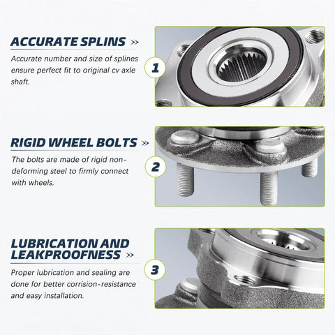 Close-up of front driver and passenger CV axle and wheel bearing hub assembly for Subaru Legacy Outback 2005 2009 with splines, bolts, and sealing features visible.